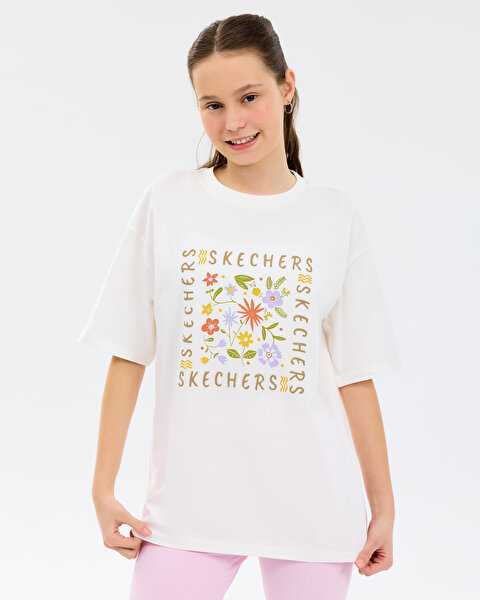 Skechers G Graphic Tee Oversize T-shirt Büyük Kız Çocuk Beyaz Tshirt SK2610018-3855-4
