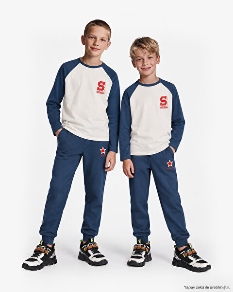 B Long Sleeve Collage T-shirt Büyük Erkek Çocuk Mavi Tshirt SK2620113-0848